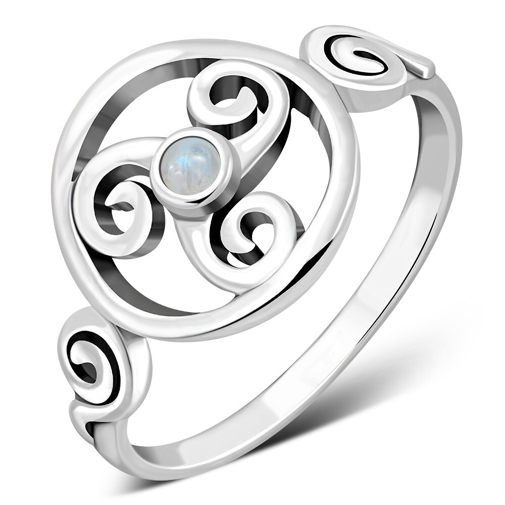 Moonstone Triskele Triskelion Triple Archimedean Spiral Celtic Silver 925 Ring