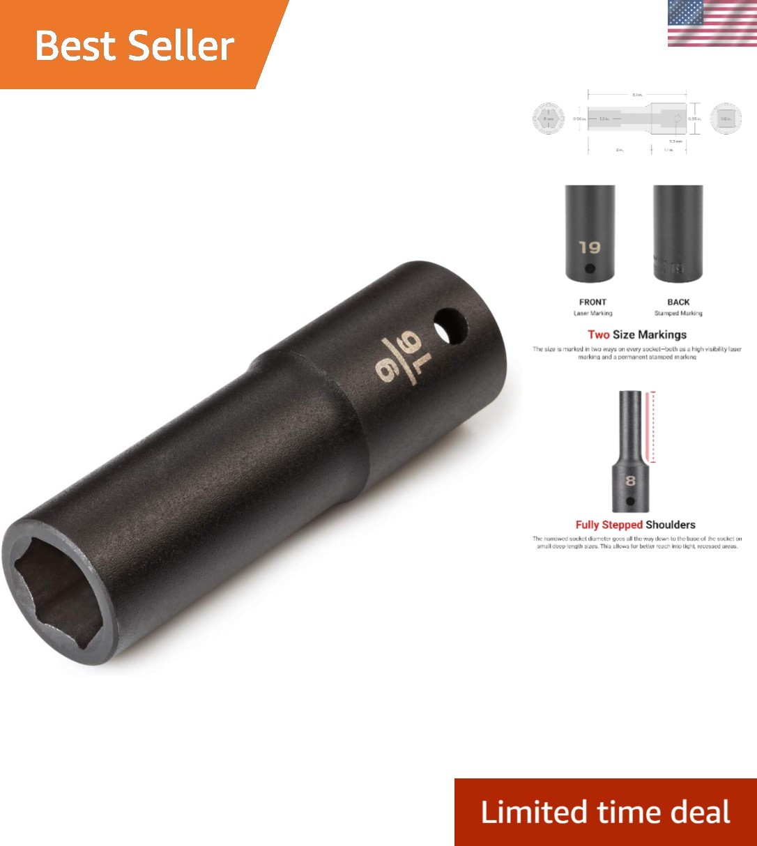 1/2 Inch Drive x 9/16 Inch Deep 6-Point Impact Socket - Durable Alloy Steel