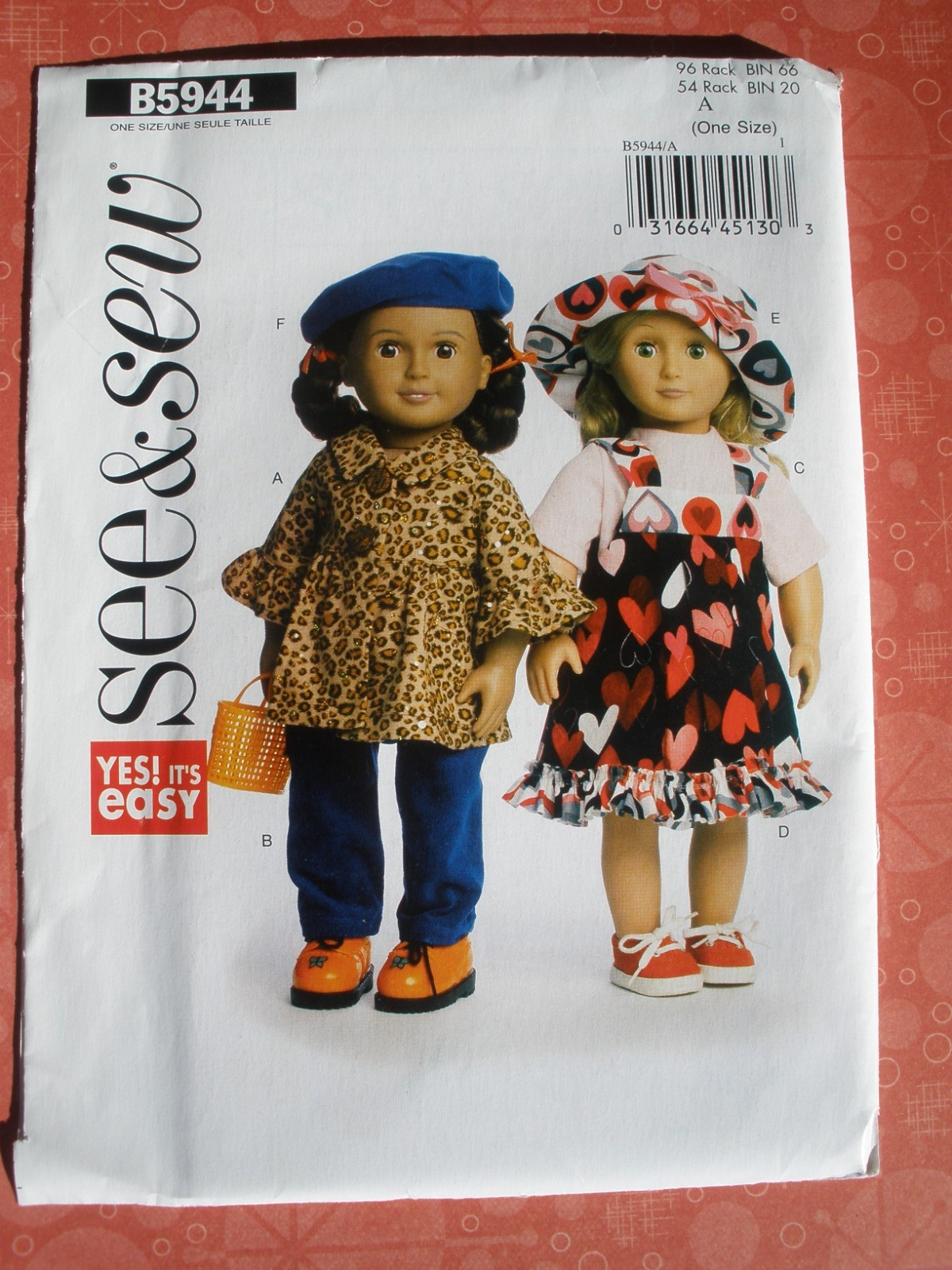 See & Sew 18” Doll B594 Pattern Pants Tops Jumper Coat Hat Beret Uncut