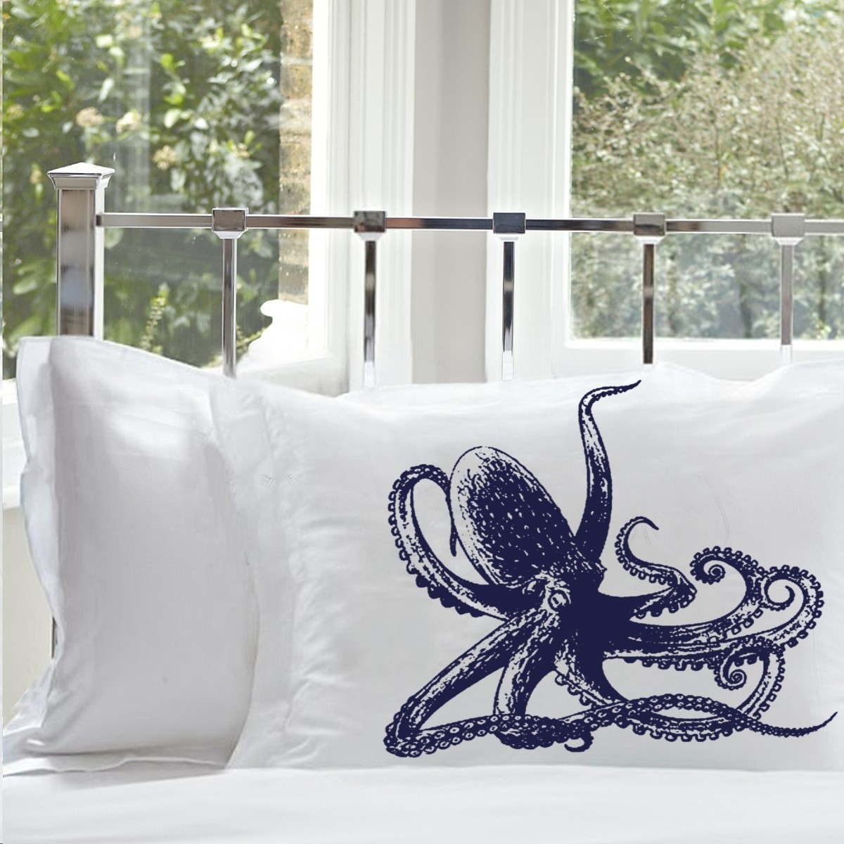 Navy Blue Octopus Pillow Cover 100% Cotton Pillowcase nautical decor coastal