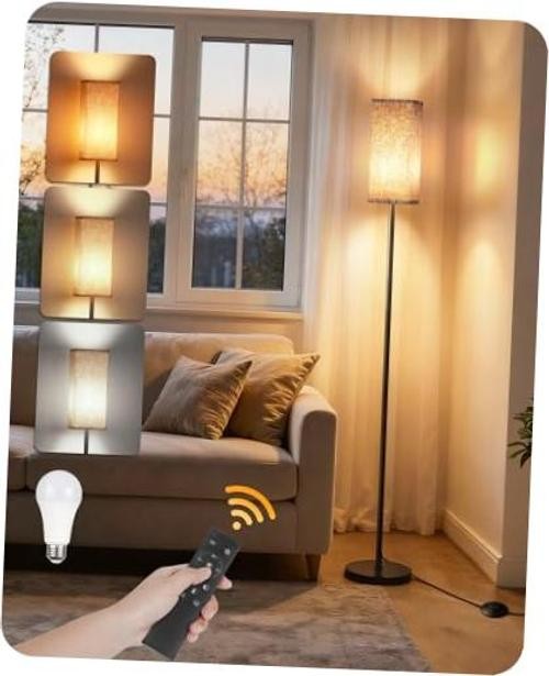 Black + Beige 64.2” Floor Lamp with Remote & Foot - Dimmable - Black + Black