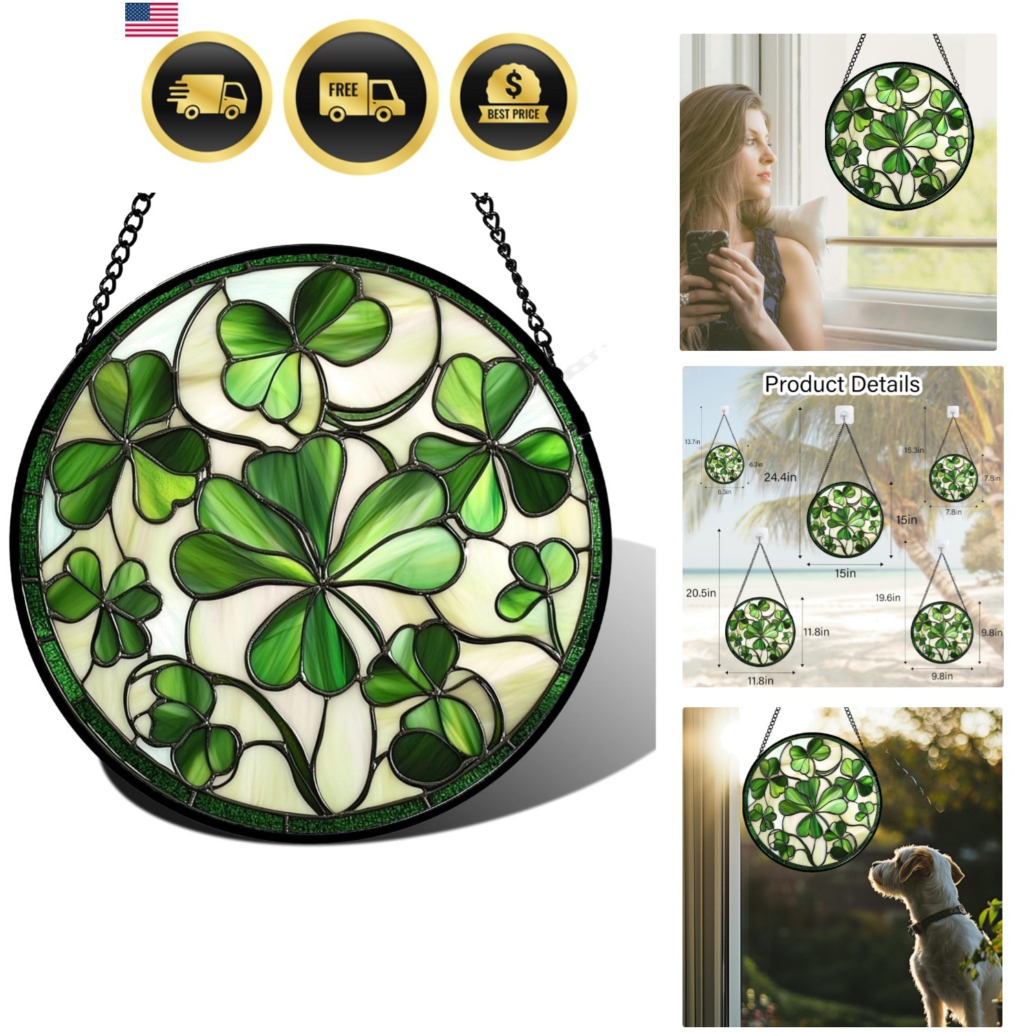 Stained Glass Window Hanging - Ireland Green Lucky Clover Suncatcher for Door...