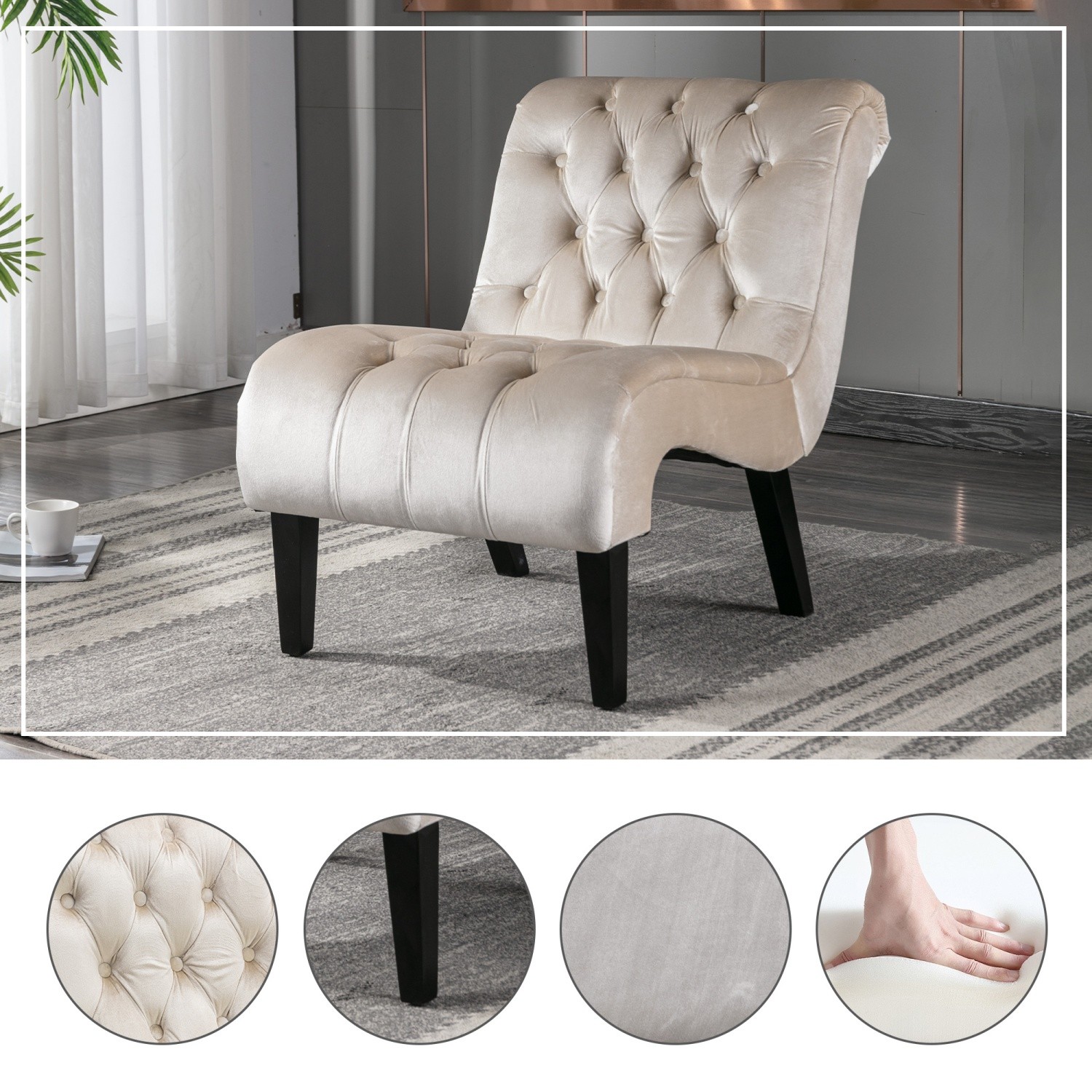 Armless Velvet Tufted Accent Chair Lounge Chair w/ Solid Wood Legs for Apartment