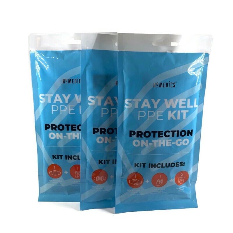 Lot Of 3 Pk-Homedics PPE Kit Protection On The Go-Mask, Latex Free Gloves +Wipes