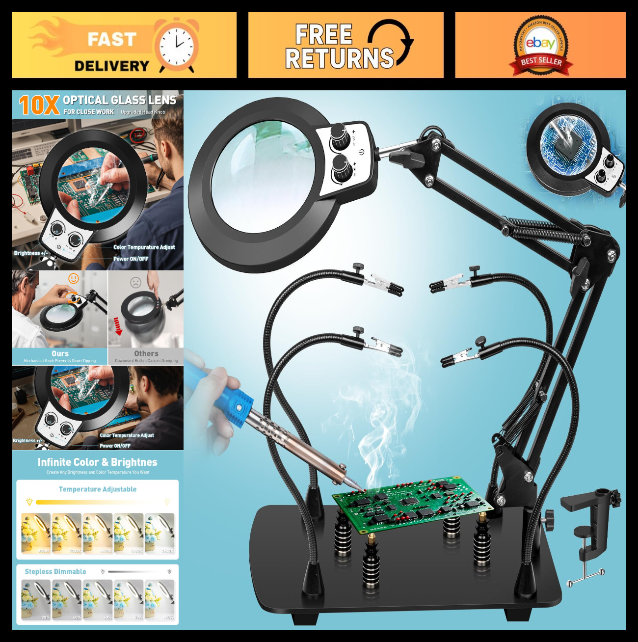 10X Magnifying Glass with Light - Soldering Station & Magnetic Third Hand Holder