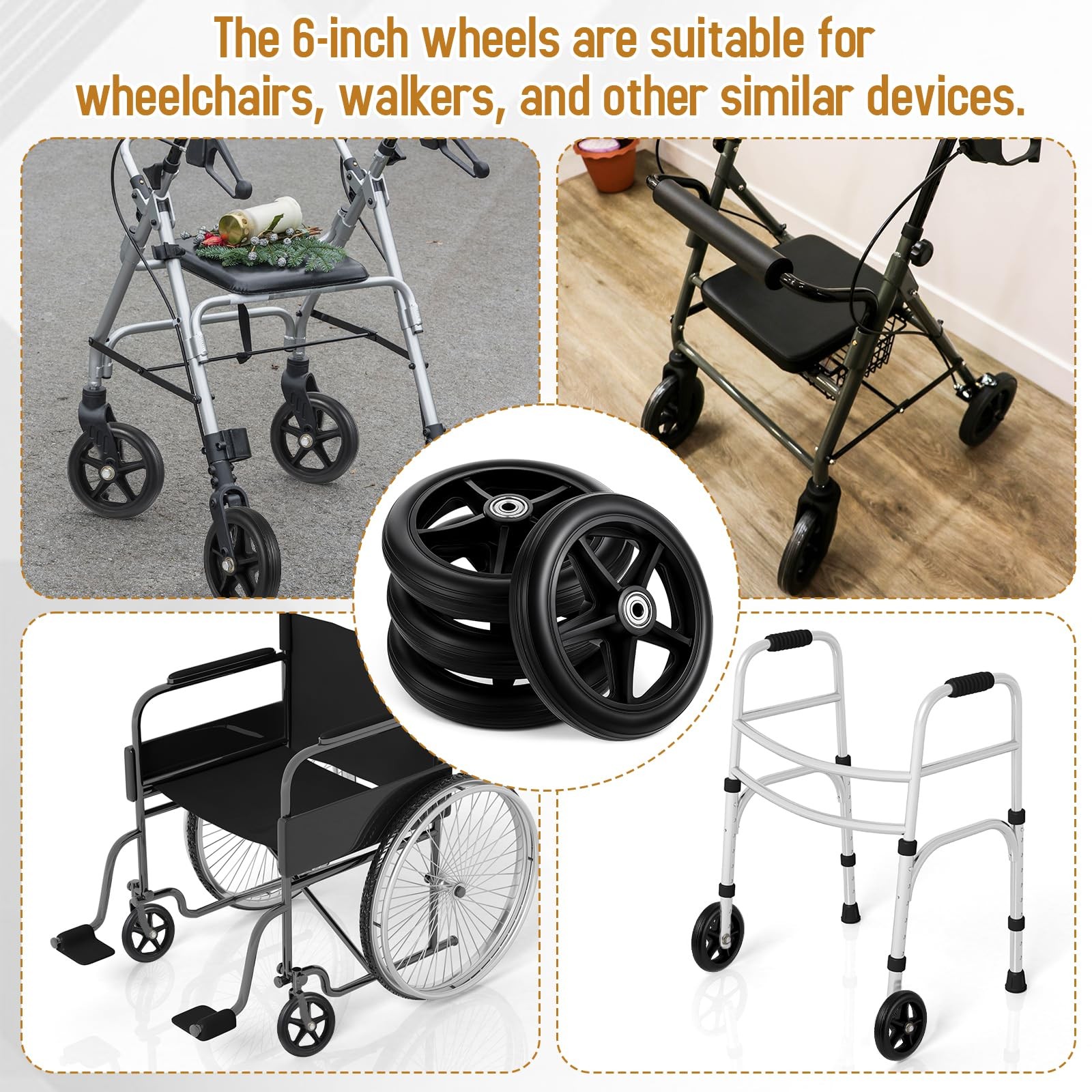 LIQWEI 4 Pack Rubber Wheel Replacement, 6 Inch Solid Wheelchair 6 Inch, Black