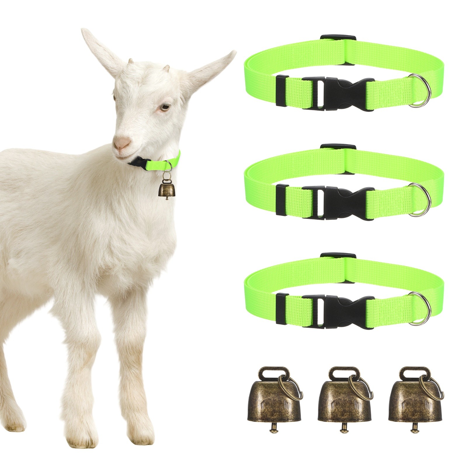 3-Pack Goat Collars with Bells, 13.8"-20.5" Polyester [Green]