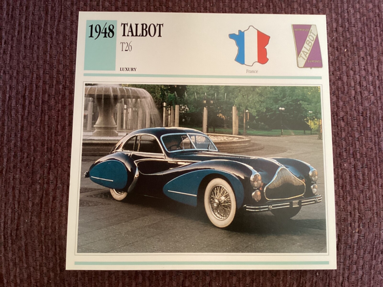 Talbot T26,     1948,     Luxury Class Car, France,  Collectors Card