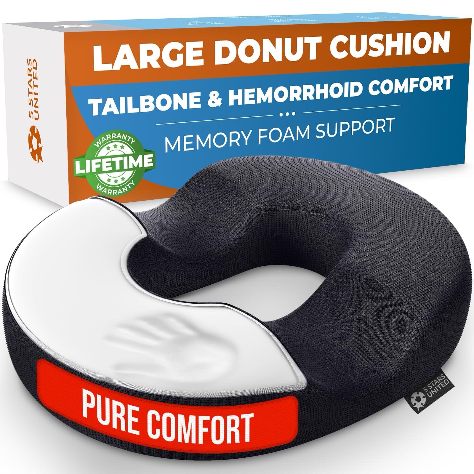 Donut Pillow Hemorrhoid Tailbone Cushion – Large Cushion for Pain Relief – Black