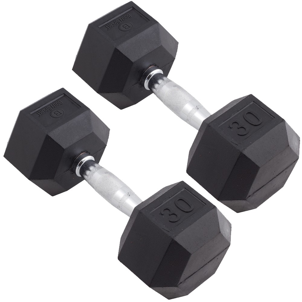 Body Sport Rubber Encased Hex Dumbbell Weight –  Exercises – 30 lb Pair