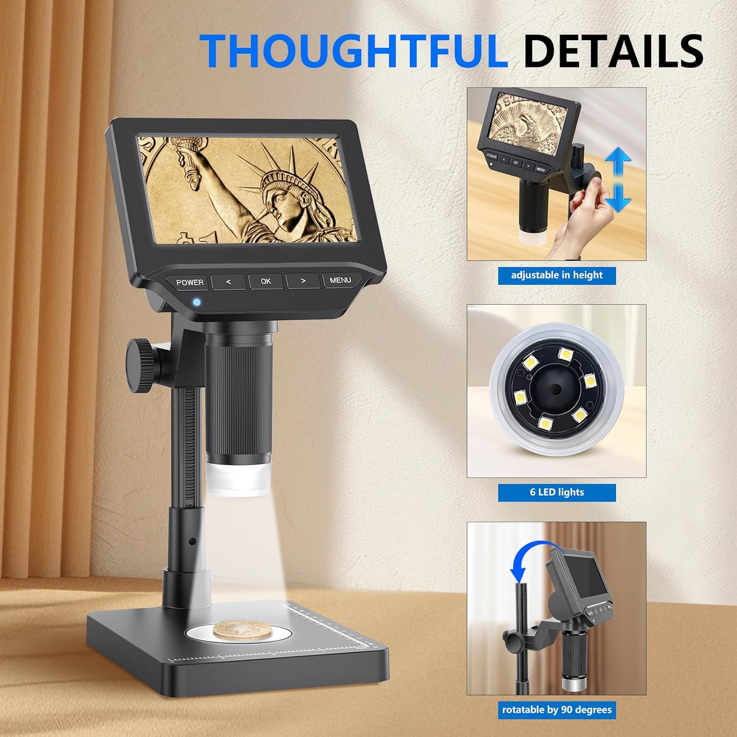 Digital Microscope,4.3" Digital Coin Microscope with Screen,With 8 Adjustable LE