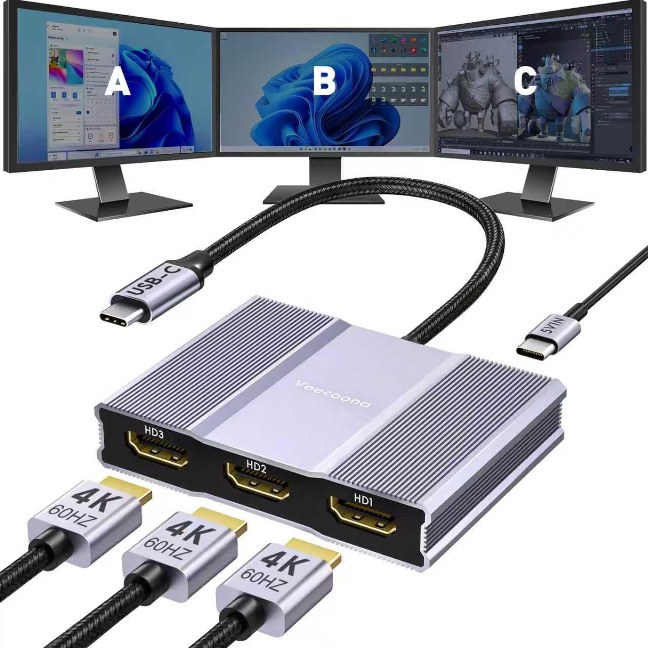 USB C to 3 HDMI Adapter with PD 100W, 4K@60Hz HDMI Splitter Extended Display ...