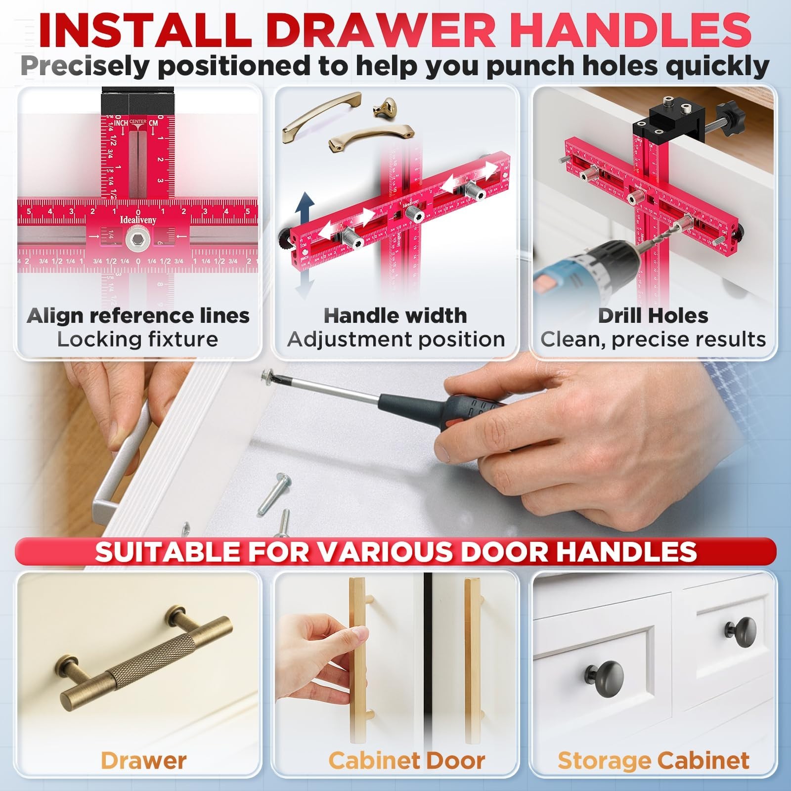 Adjustable Cabinet Hardware Jig - Precision Drill Guide for Knobs & Handles, DIY