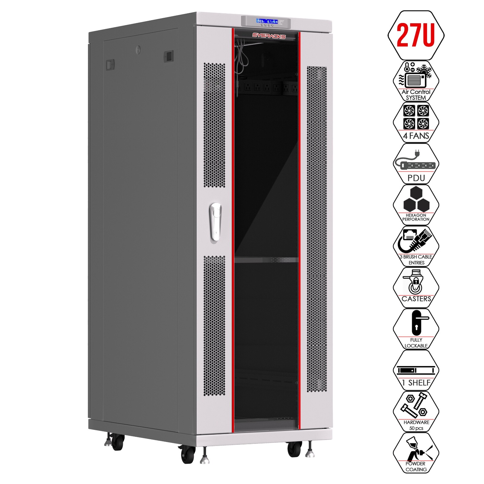 Sysracks 27U Gray Server Rack Cabinet 35" Deep 19" Network Enclosure, Fans, PDU