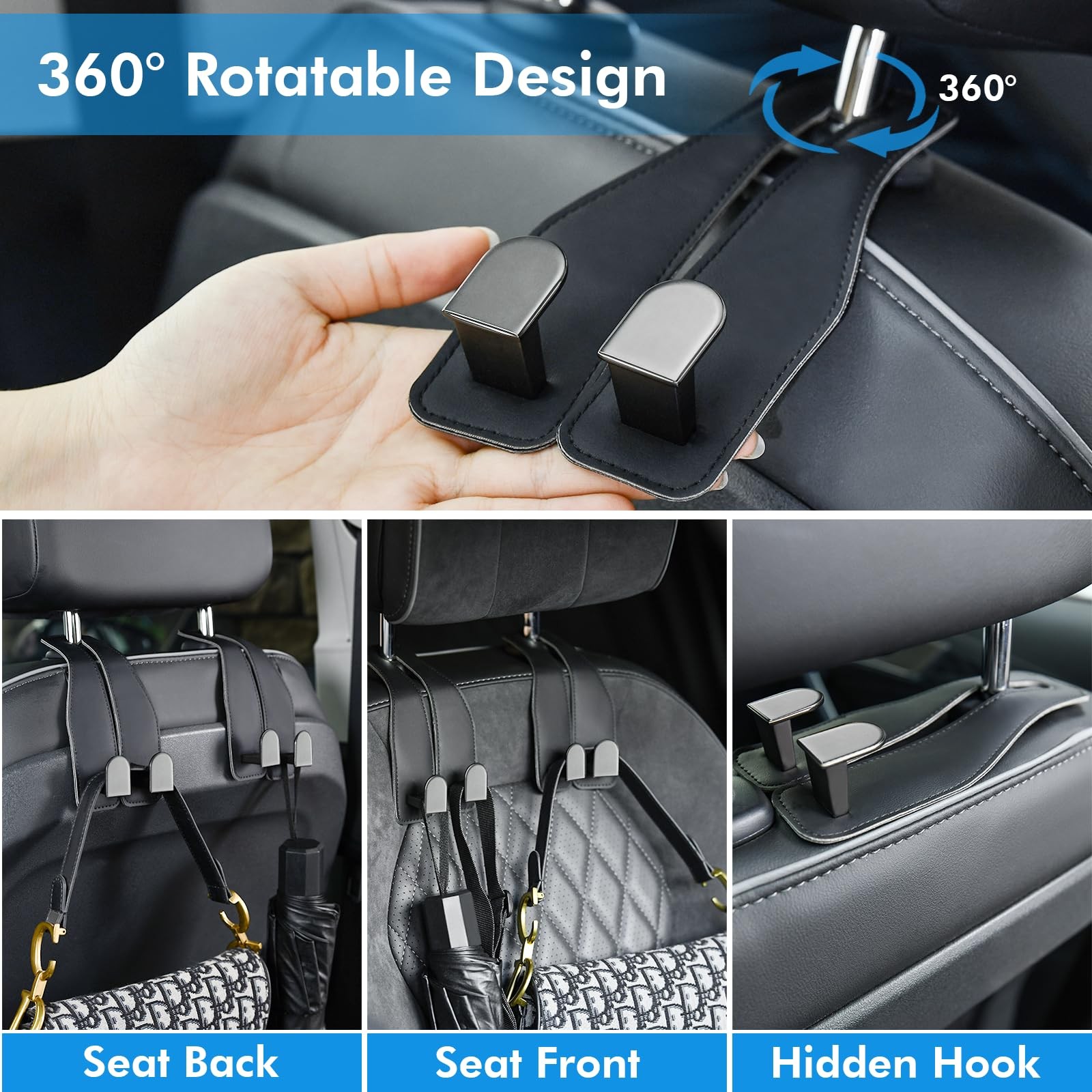 Car Hooks for Headrest, Leather Seat Back Storage Organizer Black-2 Pack
