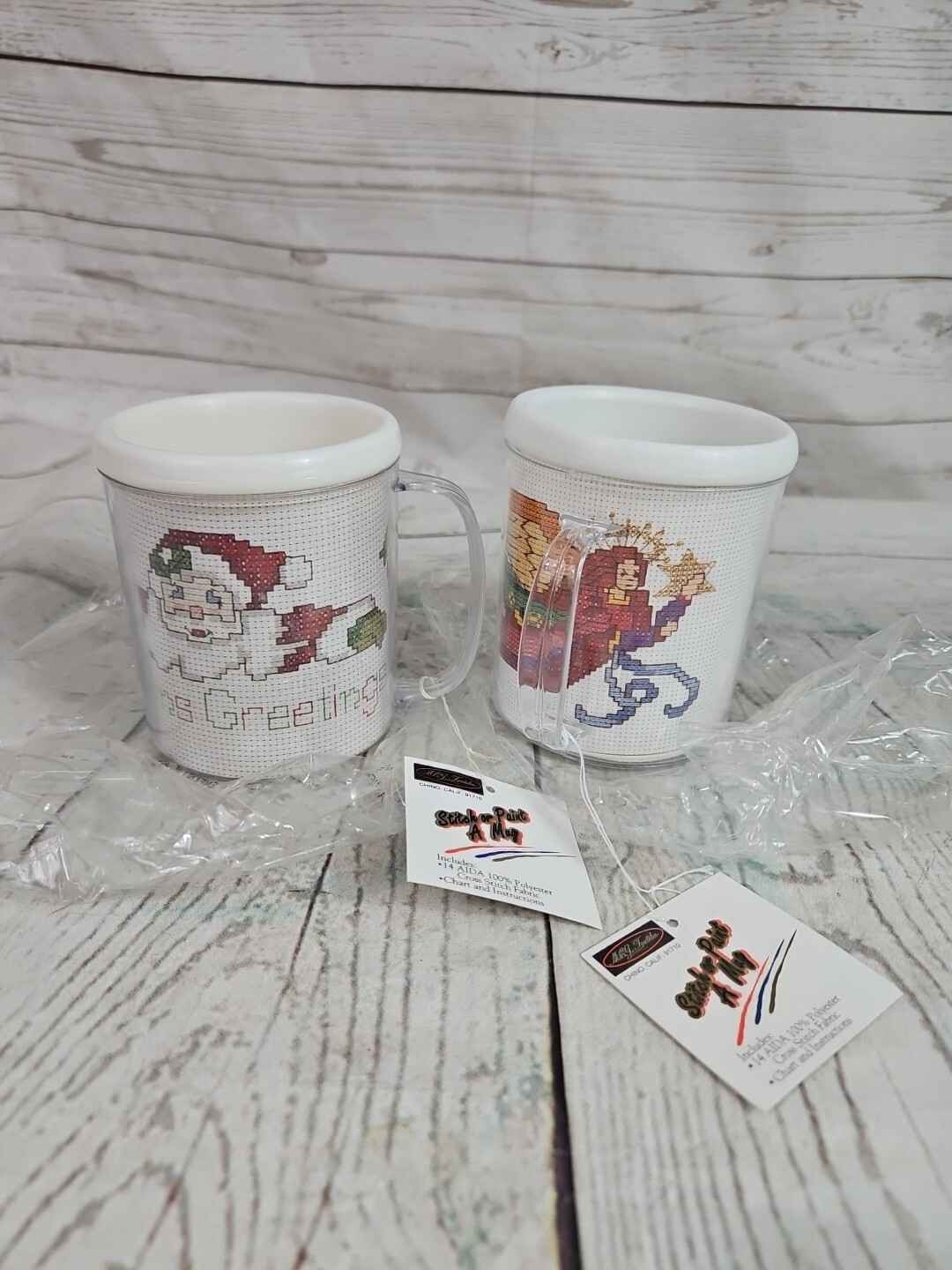 Lot Of 2 STITCH A MUG 1 Santa 1 Angel Cross Stitch Fabric Insert W Instructions
