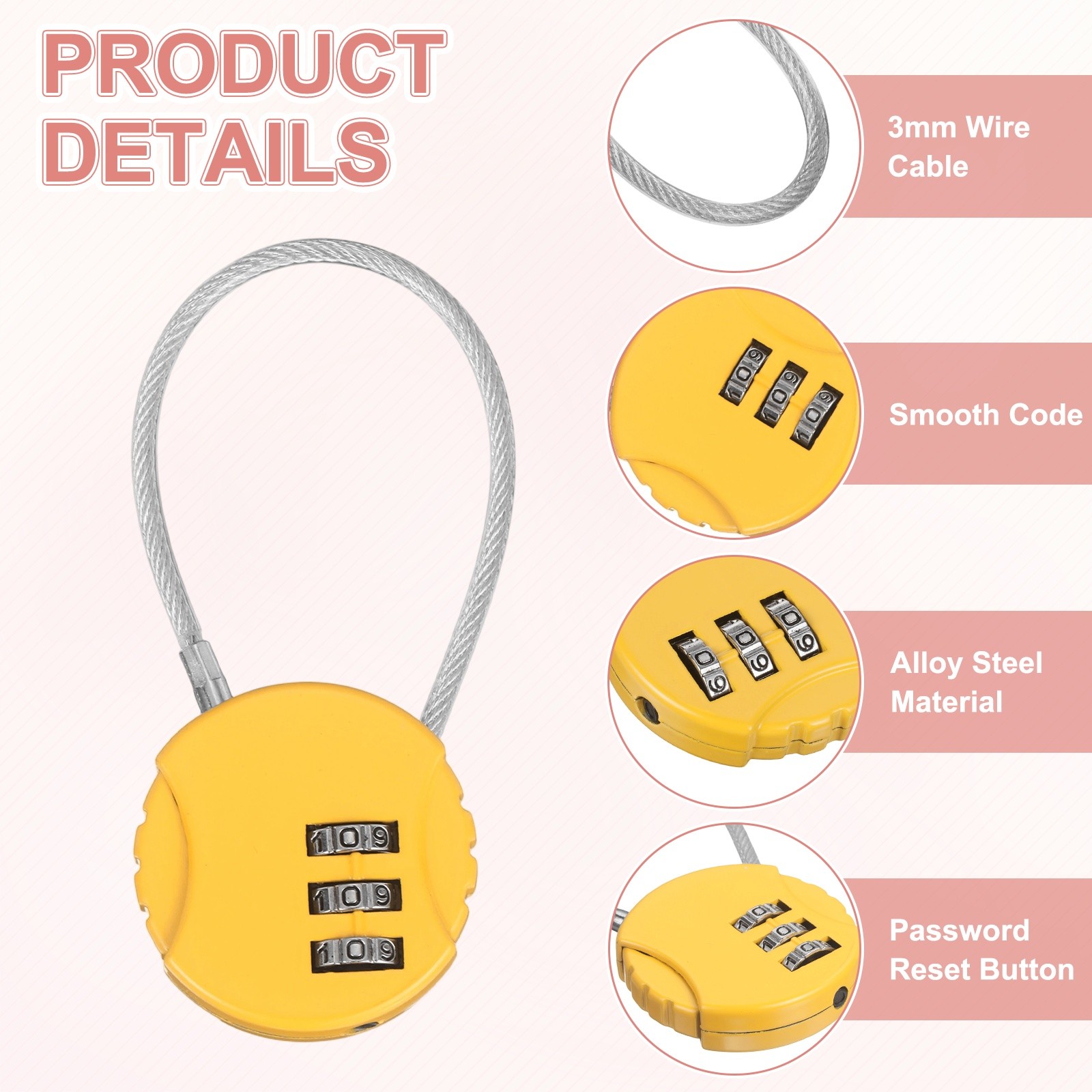 3-Pack Combination Locker Lock, 3 Digit Padlock for Gym/Luggage [Yellow]