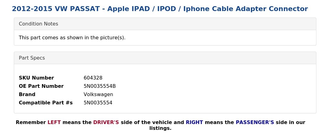 2012-2015 VW PASSAT - Apple IPAD / IPOD / Iphone Cable Adapter Connector