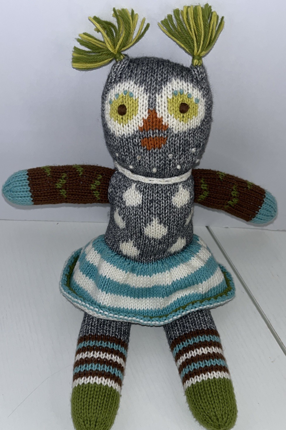 Blabla Knitted Prudence Unique Owl Plush Multicolor Stuffed Animal Toy 14" Soft