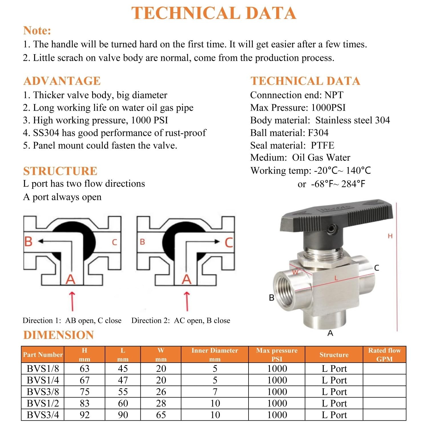 3 Way Ball Valve 1/8" NPT Stainless steel Reduce port 1/8, Steel