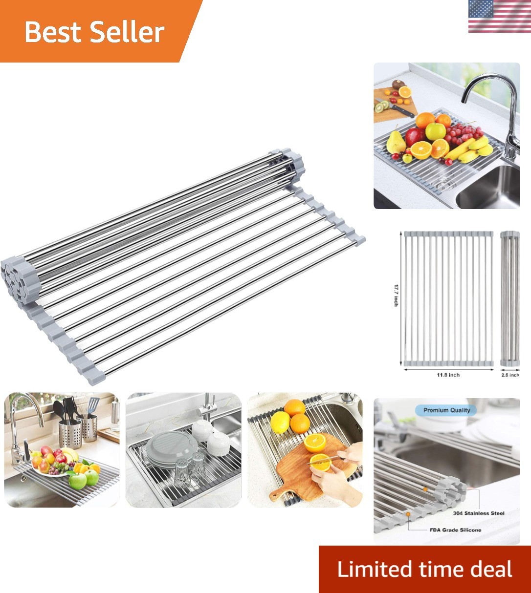 Versatile 17.7” x 11.8” Roll-Up Kitchen Drying Rack - Stainless Steel & Foldable