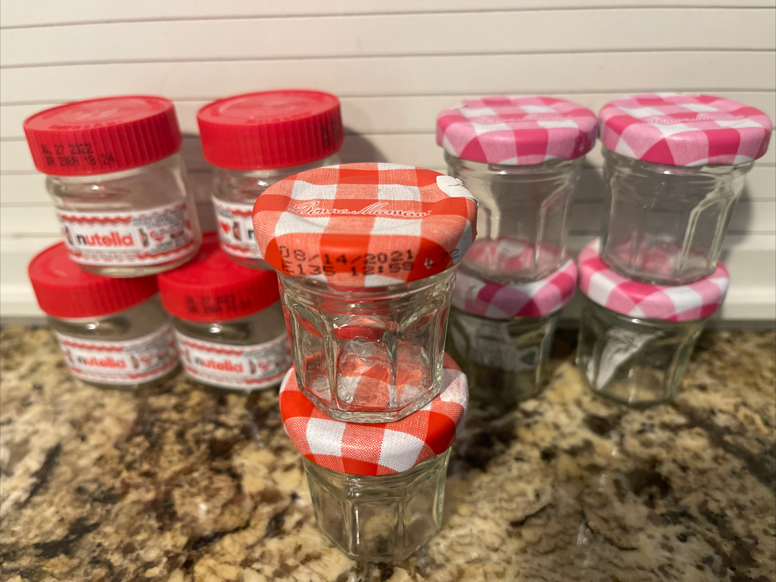 Lot 6 Mini Jars Bonne Maman pink red check & 5 Nutella holiday 1 Oz Empty crafts