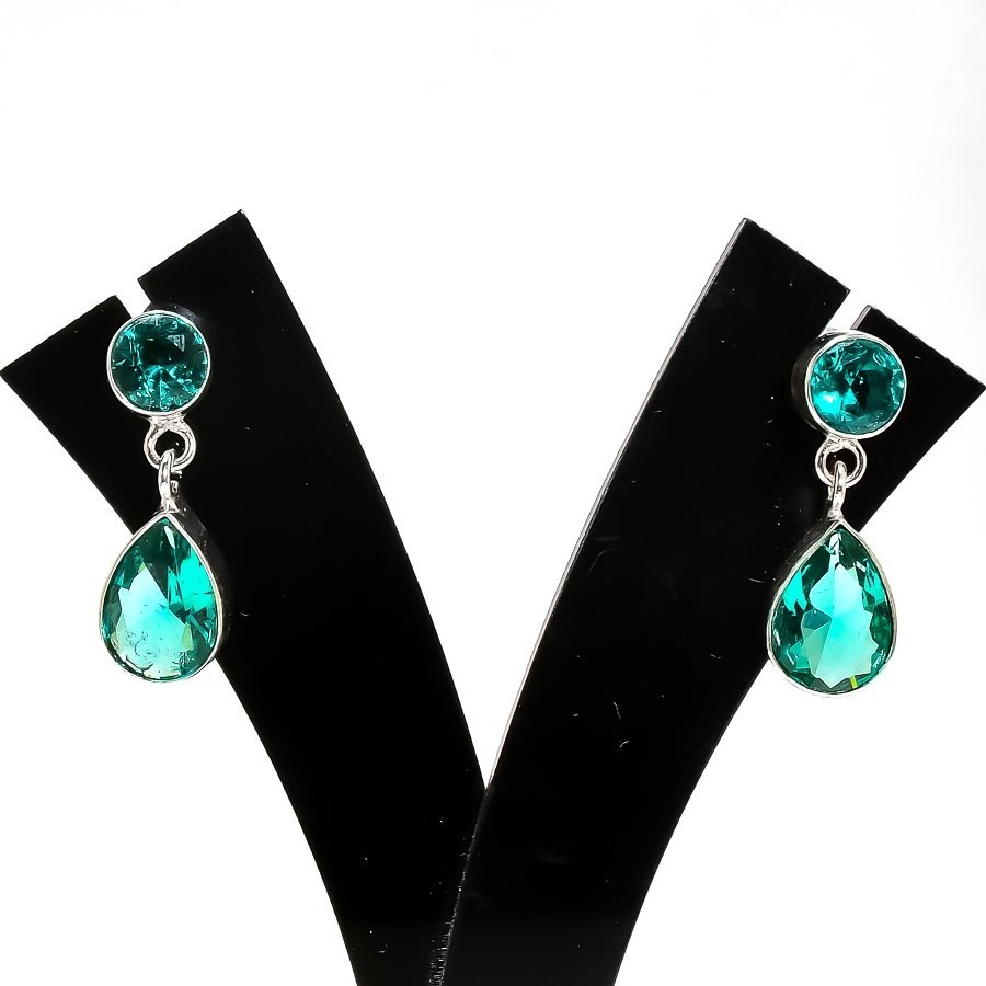 Paraiba Tourmaline Gemstone 925 Sterling Silver Jewelry Stud Earrings Size 1.20"
