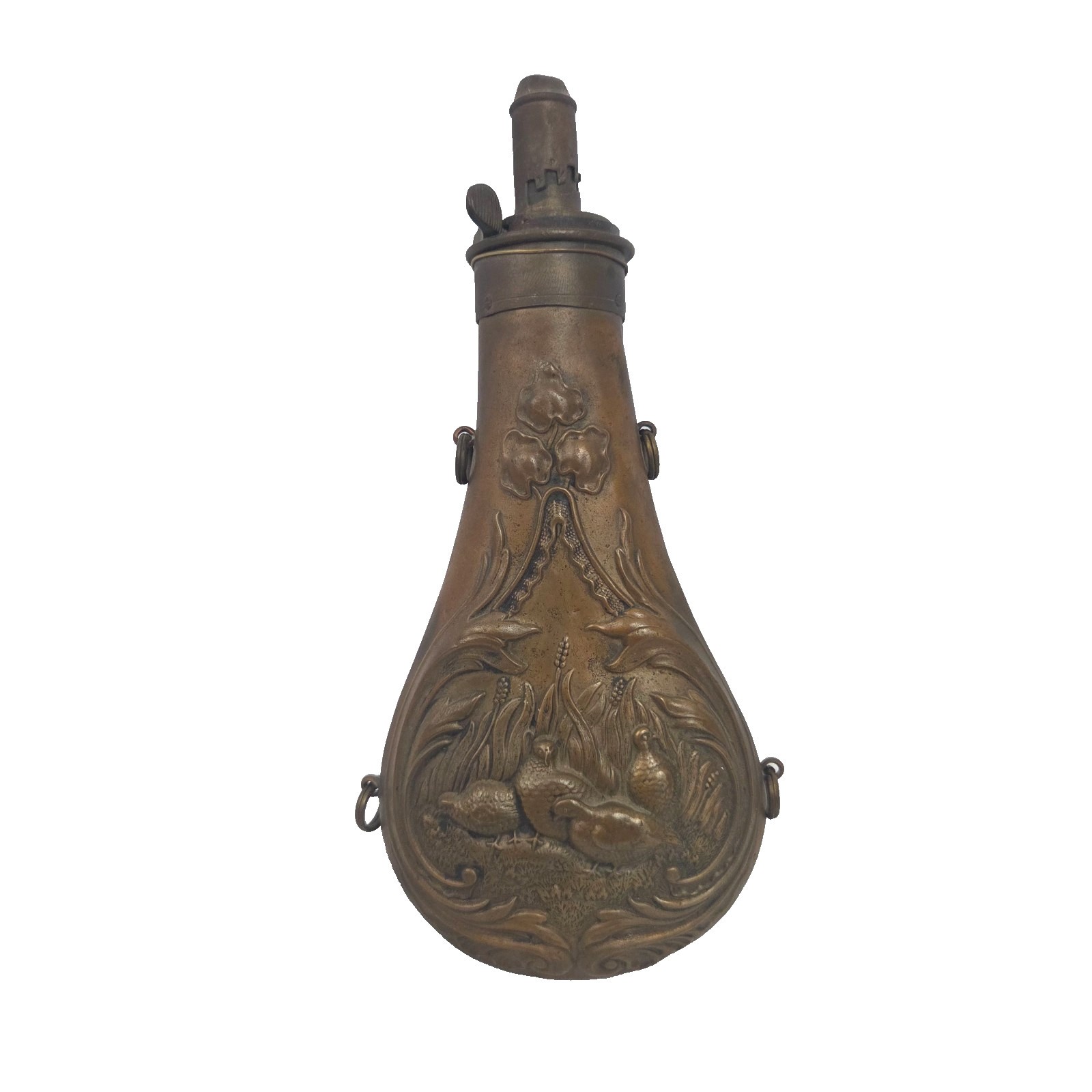 Antique Brass Embossed Hunting Scene Black Powder Flask Civil War Muzzleloader
