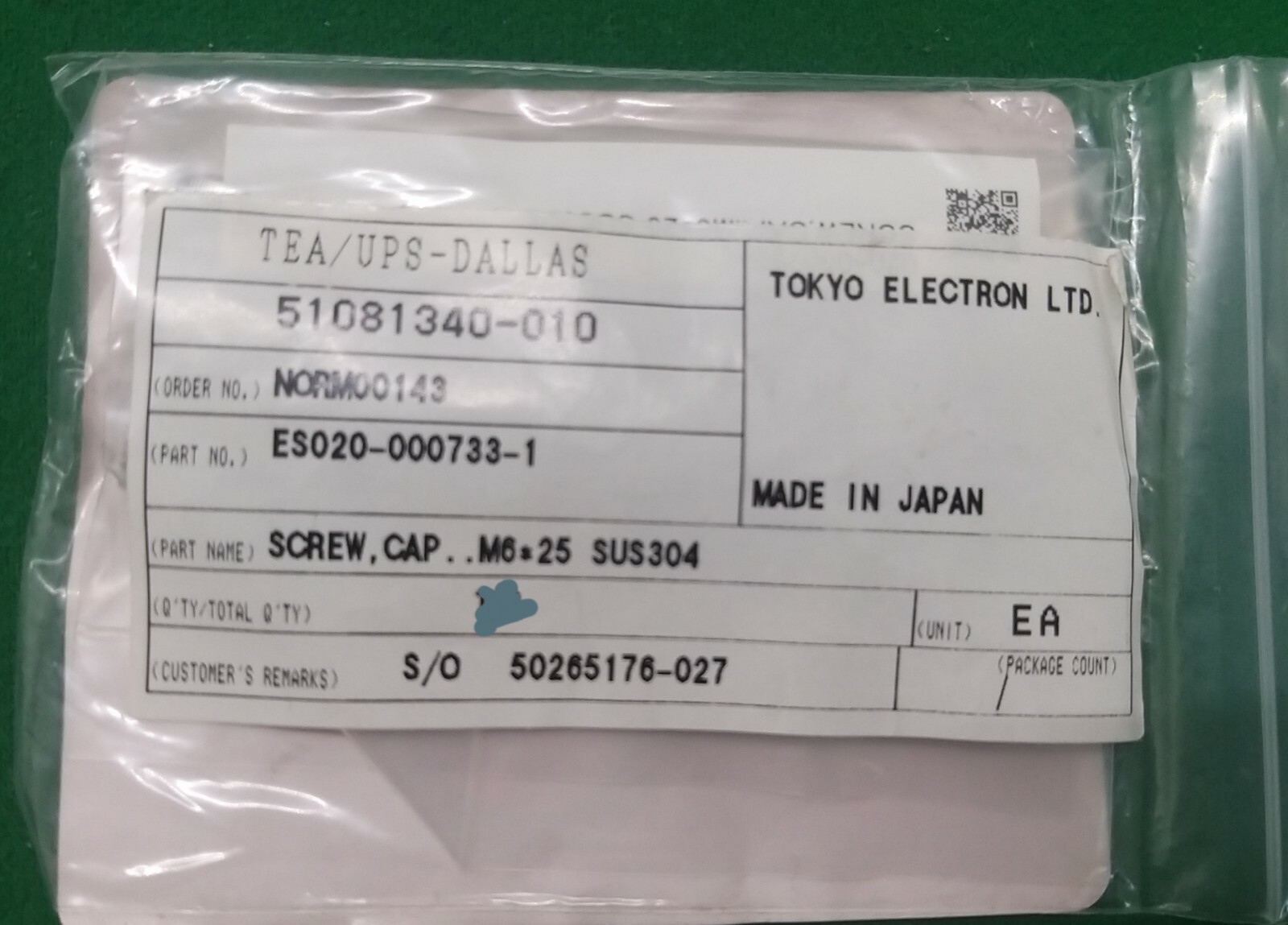 TOKYO ELECTRON ES020-000733-1 SCREW, CAP..M6*25 SUS304,. NEW