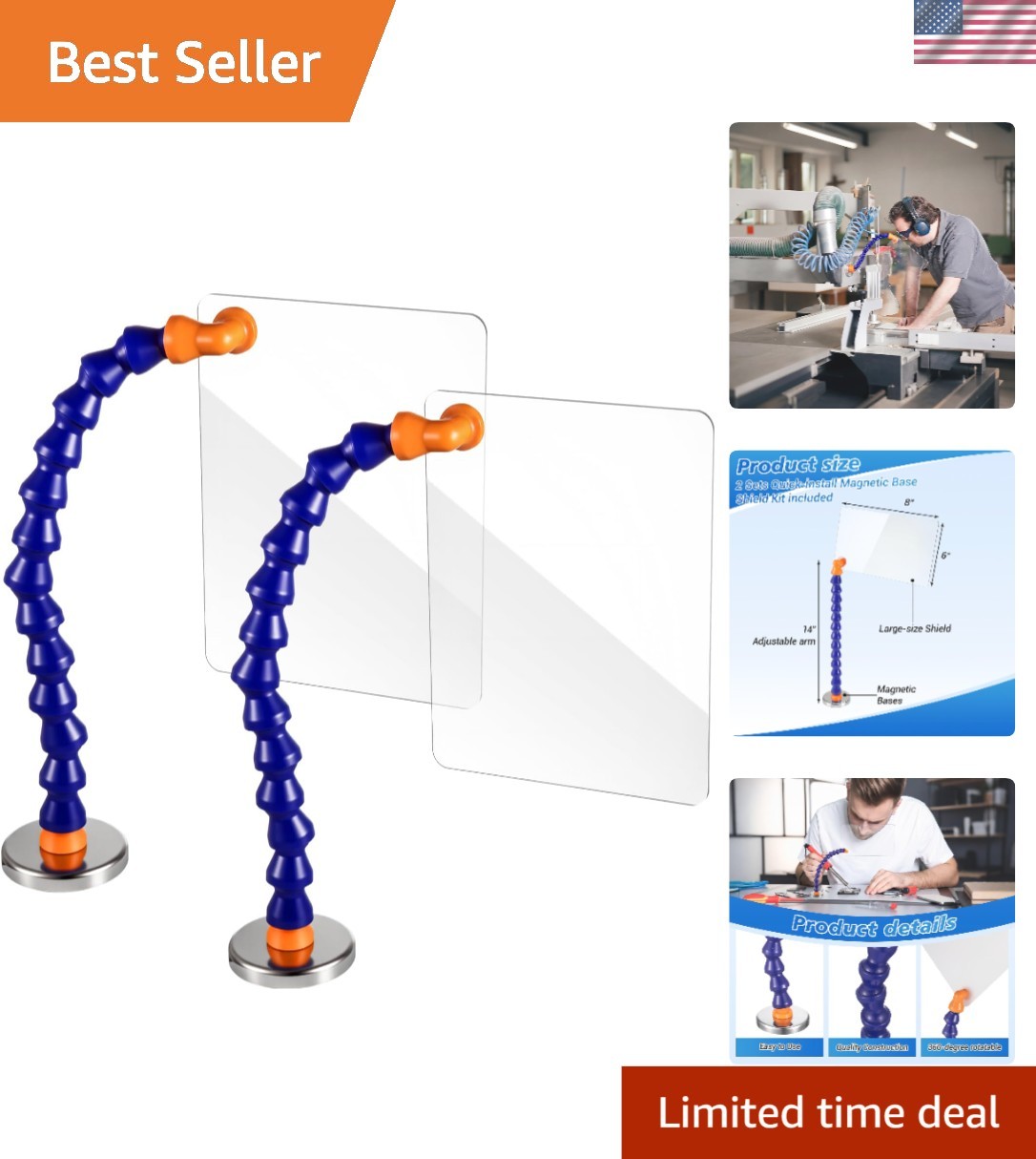 Industrial-Compatible 2-Piece Safety Guard Kit with Flexible 14" Arm - 8" X 6"