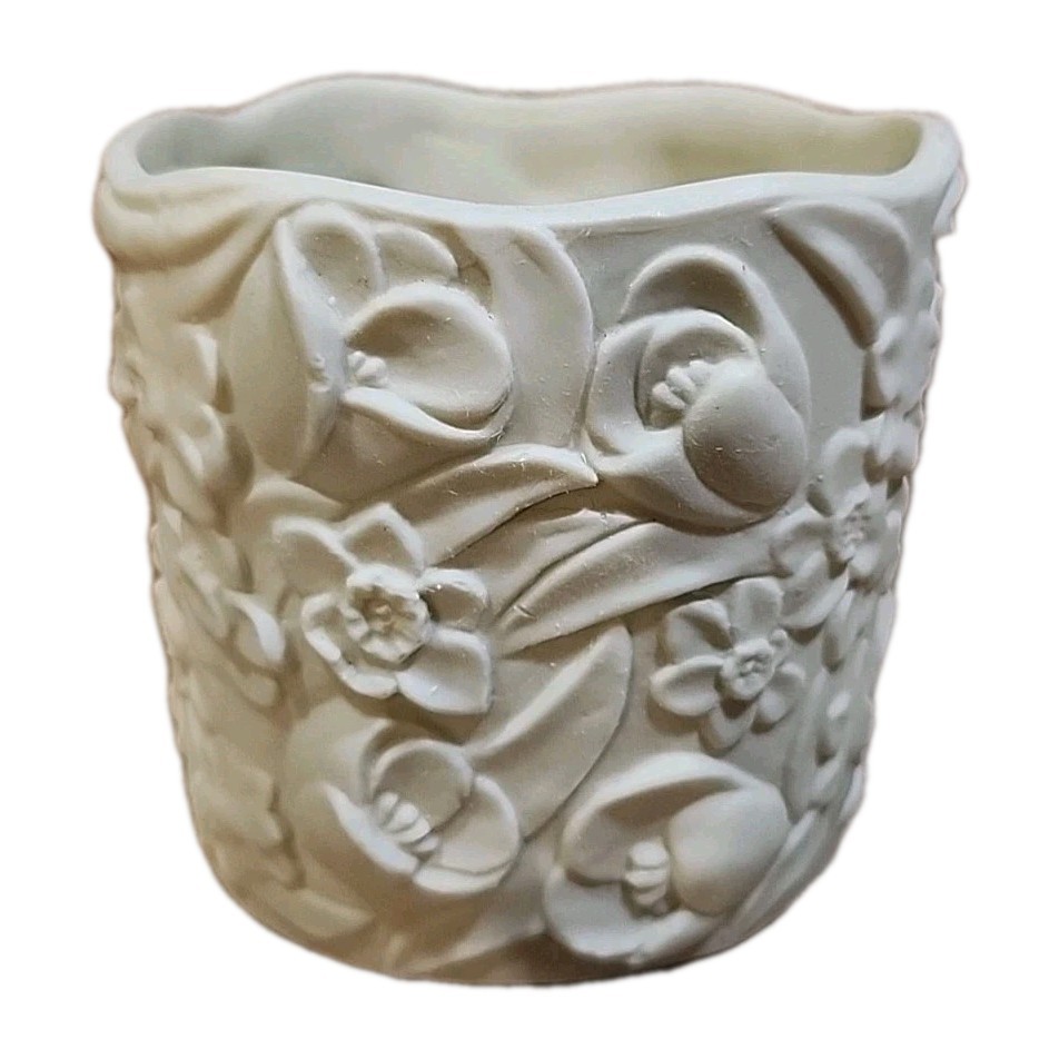 White Bisque Raised Relief Daffodil Floral MCM Planter Grotto Style Tealight