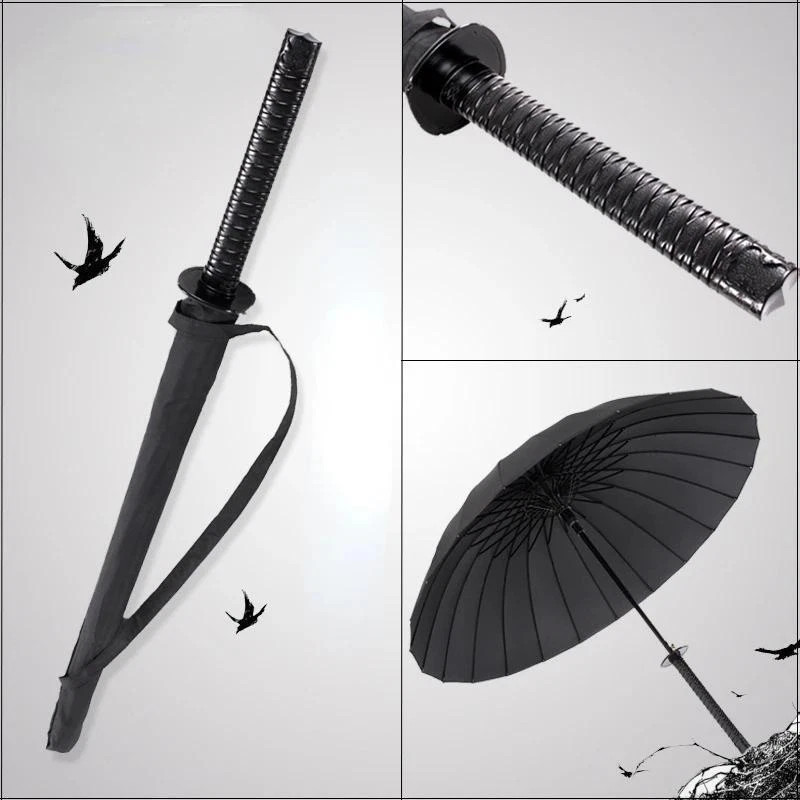 Folding Windproof Sun Japanese Sword Rainny Umbrella Ninja Style Katana Black
