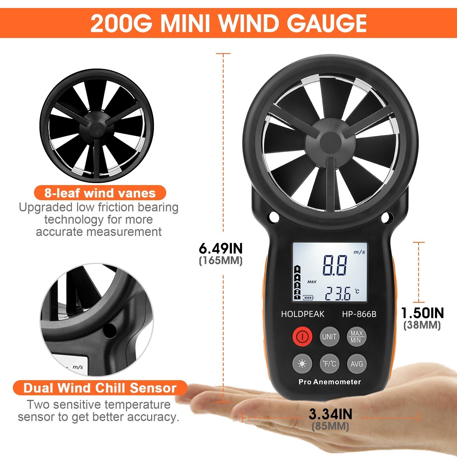 Digital Anemometer LCD Wind Speed Meter Gauge 30m/s Temperature Tester Handheld