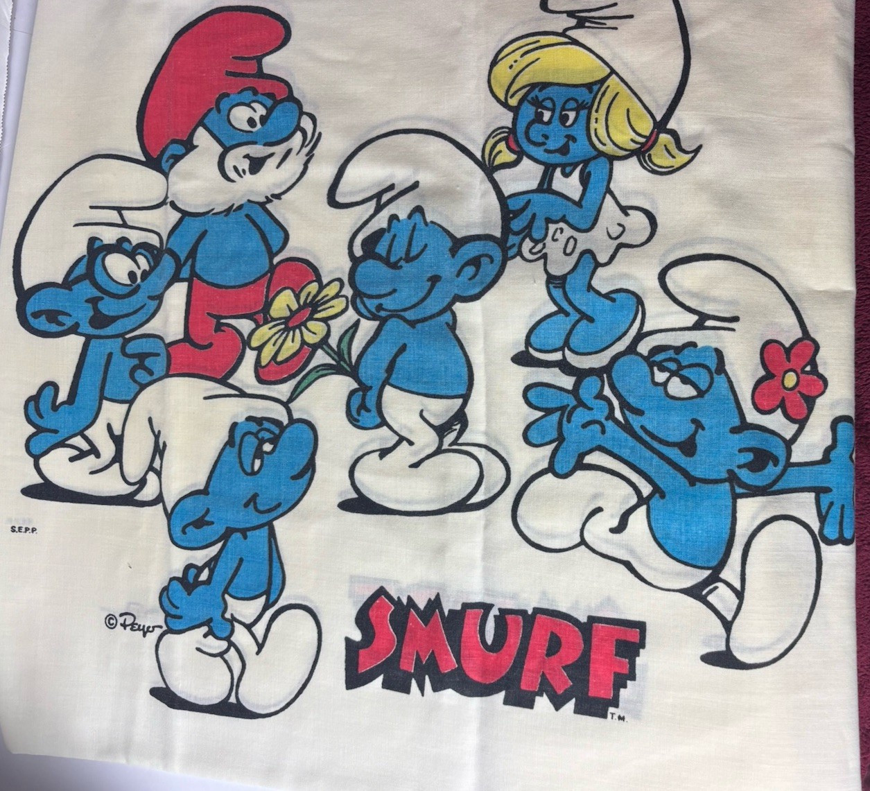 Vintage 1984 Smurfs Double Sided Pillowcase PapaSmurf Smurfette Cartoon Bedding