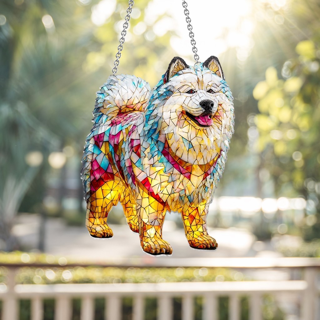 Personalized Samoyed Dog Acrylic Suncatcher Faux Stained Glass Suncatcher