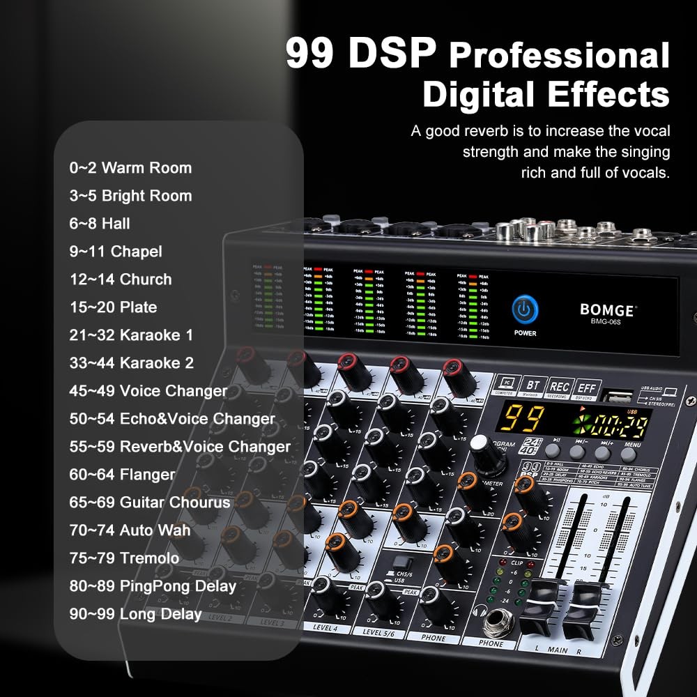 6Channel Audio Mixer with 99 DSP Effects, Bluetooth, USB, and Phantom Power