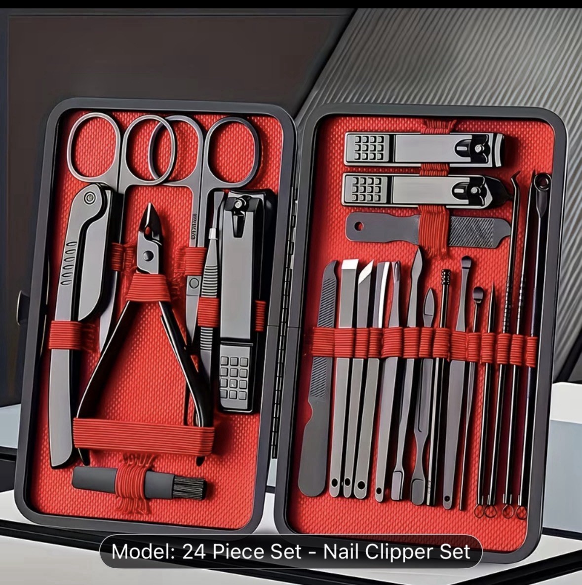 24 Piece Nail Clippers Set Portable Black Metal Manicure Pedicure Kit Tools
