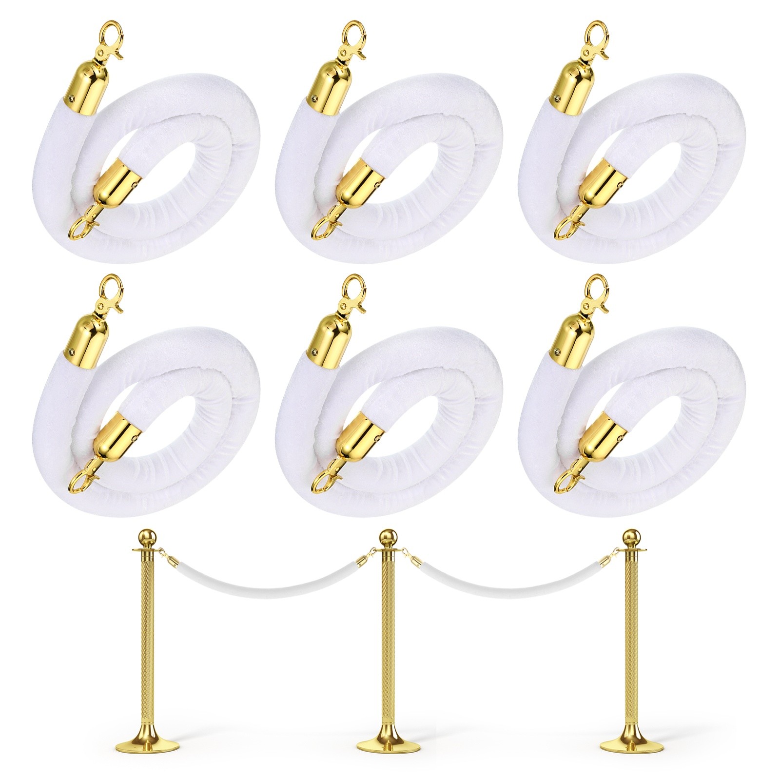 6X 4 Feet White Velvet Stanchion Rope Crowd Control Barrier Rope Golden