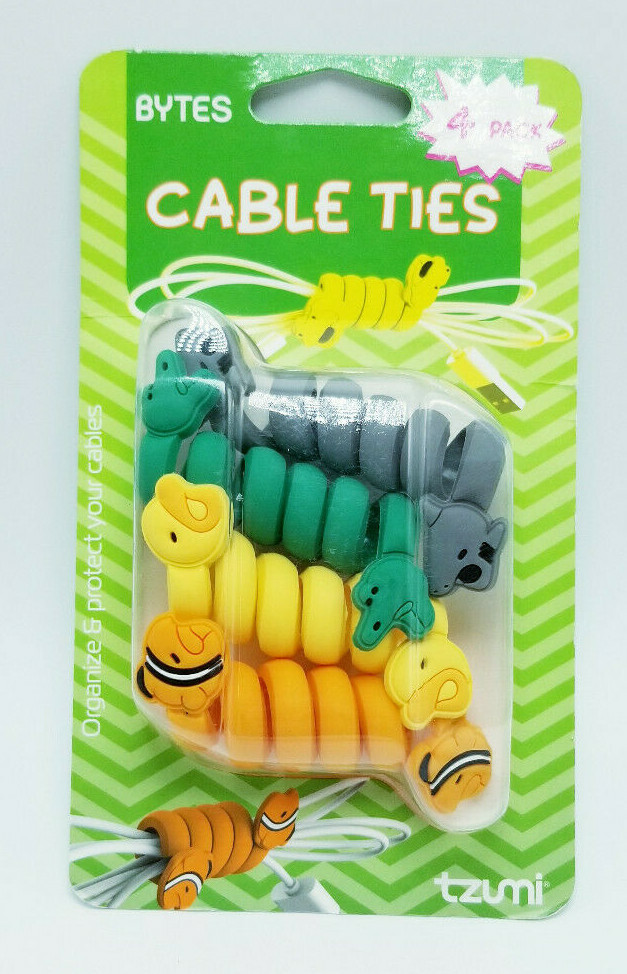 Brand New! Tzumi - Bytes Cable Tie (4-Pack) - Shark/Duck/Alligator/Clownfish