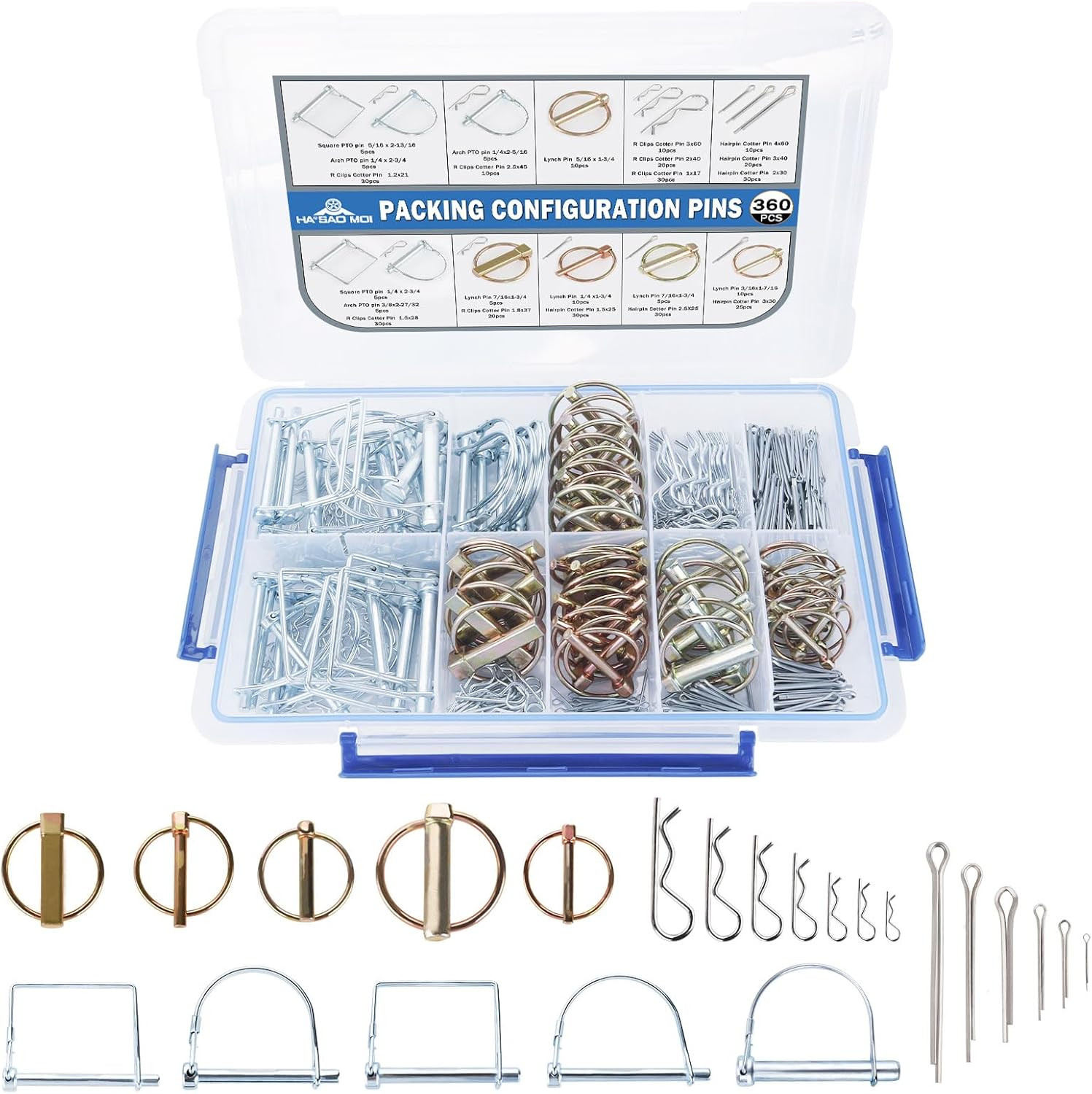 360Pcs Heavy Duty Pin Assortment Kit - Hitch Pins R Clip Pins - Hair Pins- Lynch