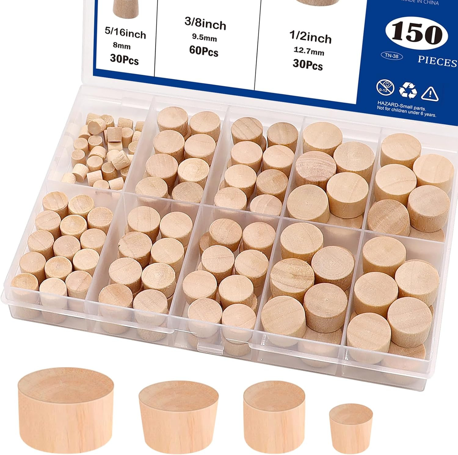 Tnisesm 150 Pieces 4 Sizes Wood Plugs 3/16 Inch, 5/16 Inch, 3/8 Inch, 1/2 Inch W