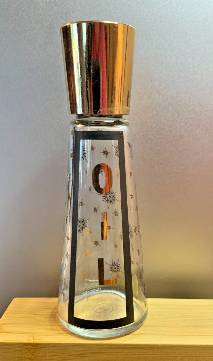 Fun Glass Starburst Glass Oil Bottle * 1960s * Black and Gold Trim * 5" Tall