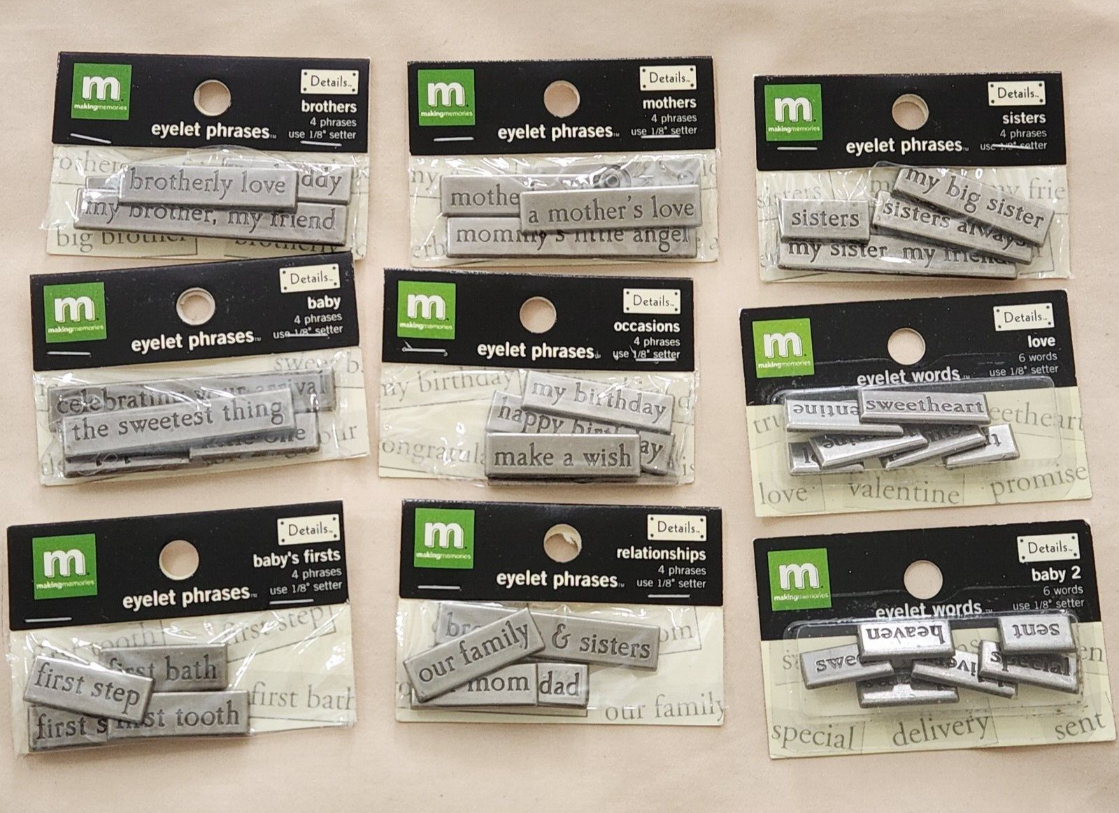 NEW Lot 9 Making Memories Details Metal Eyelet Words Phrases FAMILY CHILD BABY-H