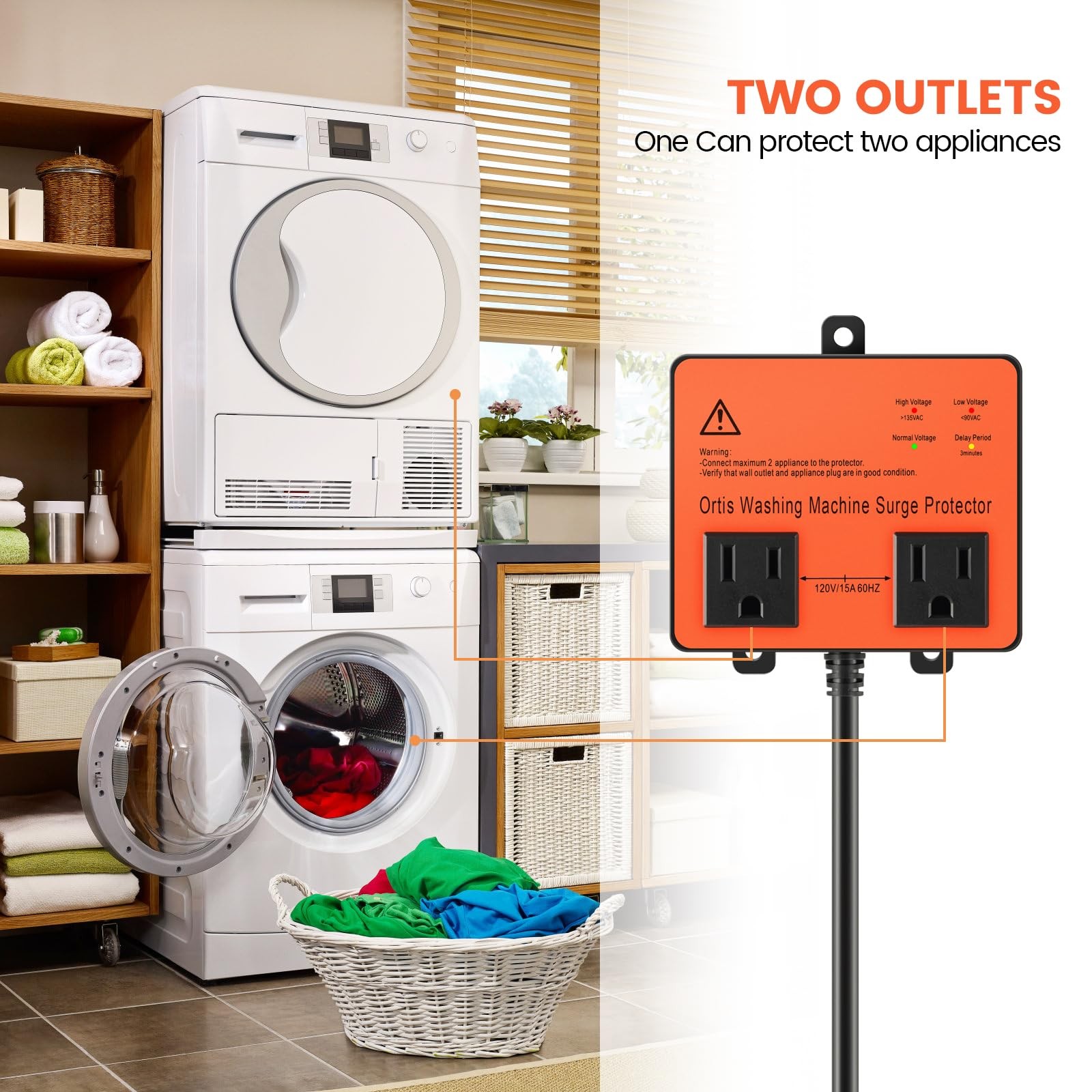 Washing Machine Surge Protector, Ortis Double Outlet Voltage Protector Orange