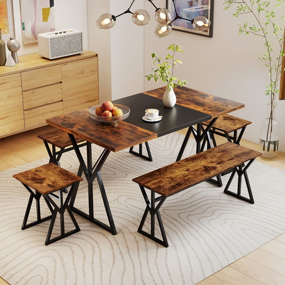 Space-Saving 5-Pc Industrial Dining Set: Table, Benches, Stools