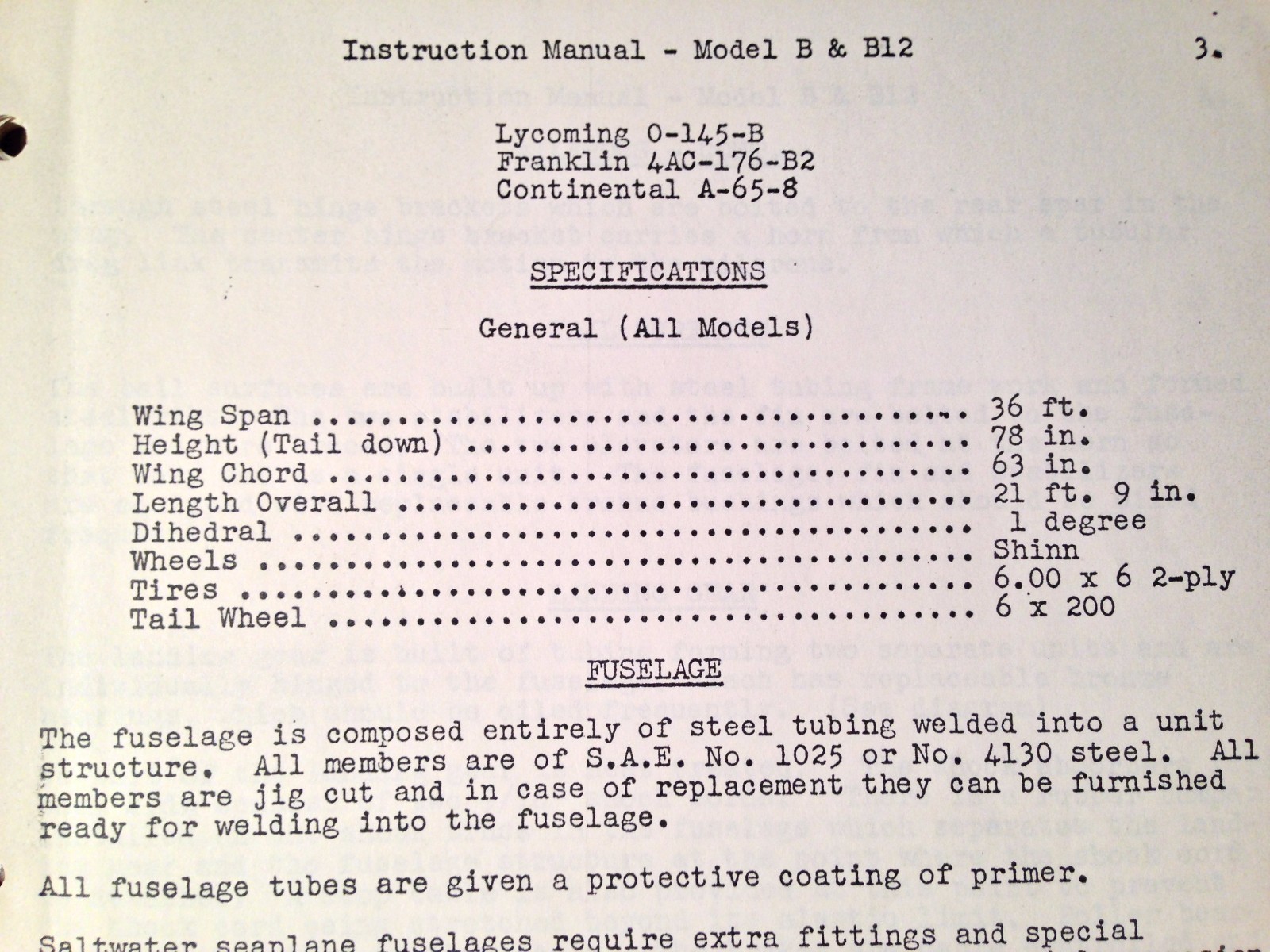 Taylorcraft Model B & Model B12 Instruction Manual