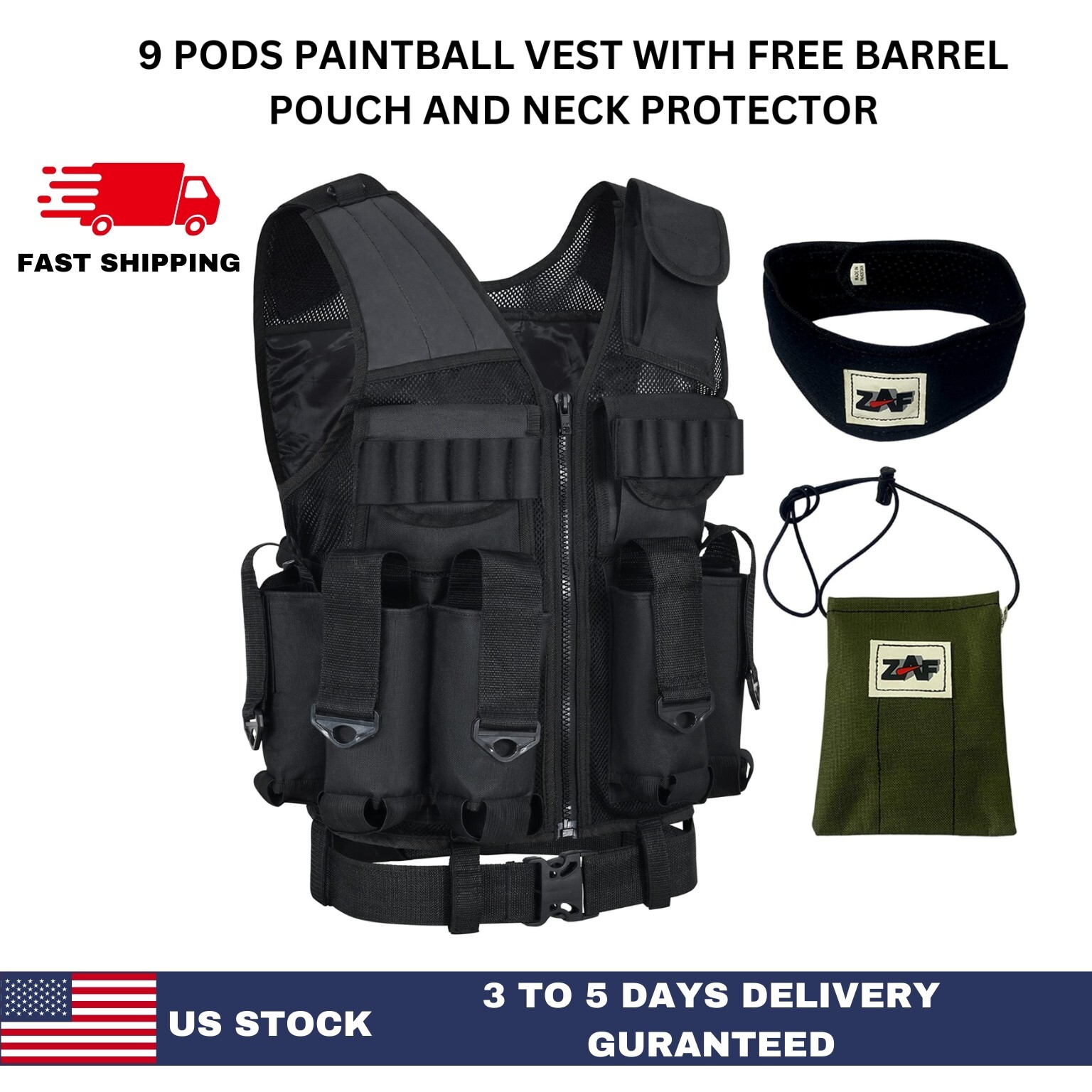 9 pod paintball tactical vest with free barrel pouch and neck protector unisex