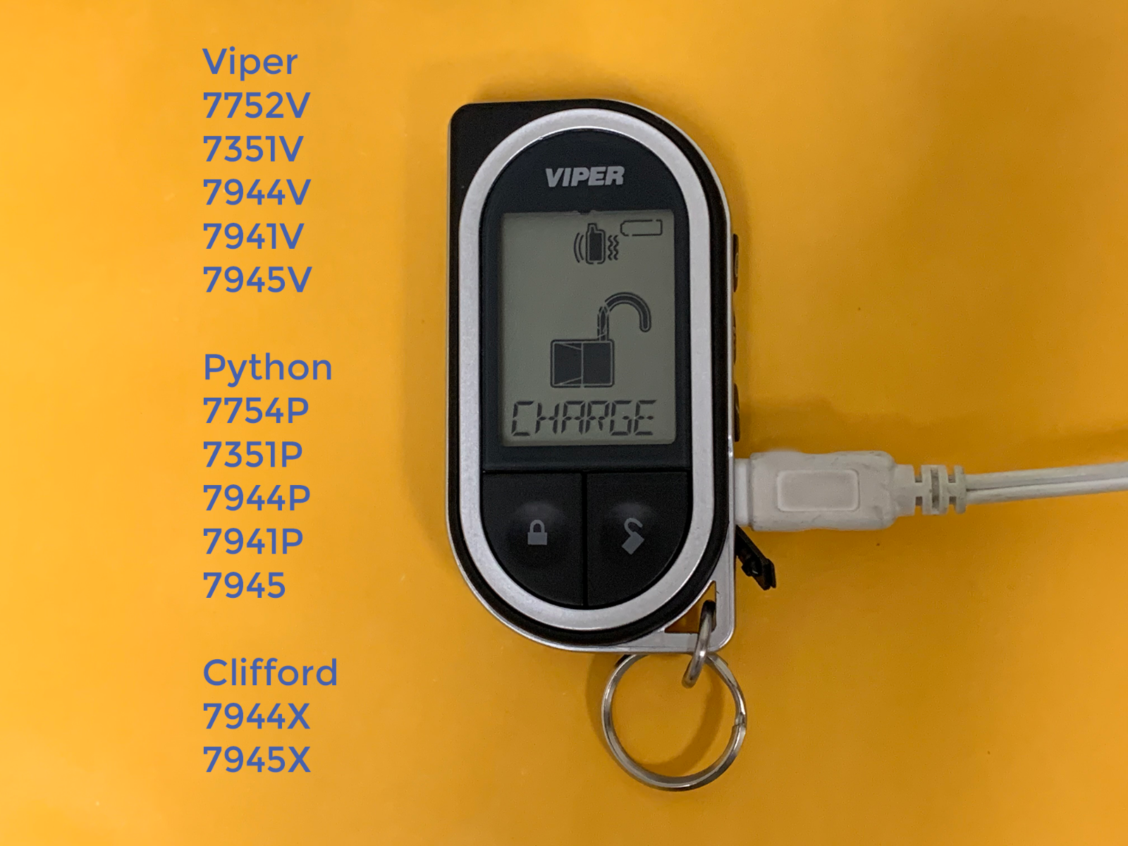 Wall charger for Viper, Python, Clifford remote transmitters with mini USB plug