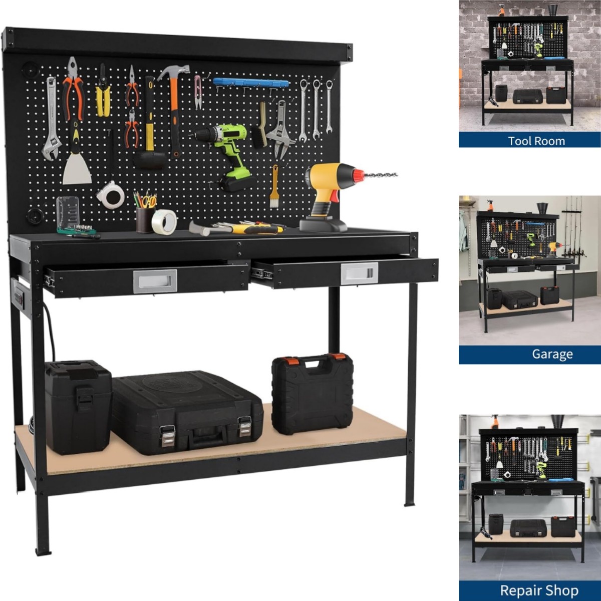 US 48" Workbench 2Tier Garage W/ Power Outlet 2Drawers Pegboard Shelf Work Table