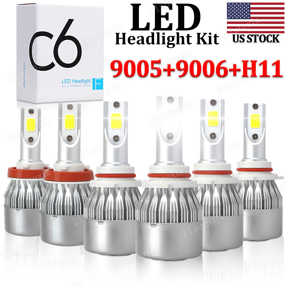 6X Combo 9005+9006+H11 LED Headlight Fog Light Kit 6500K White Hi/Low Beam Bulbs